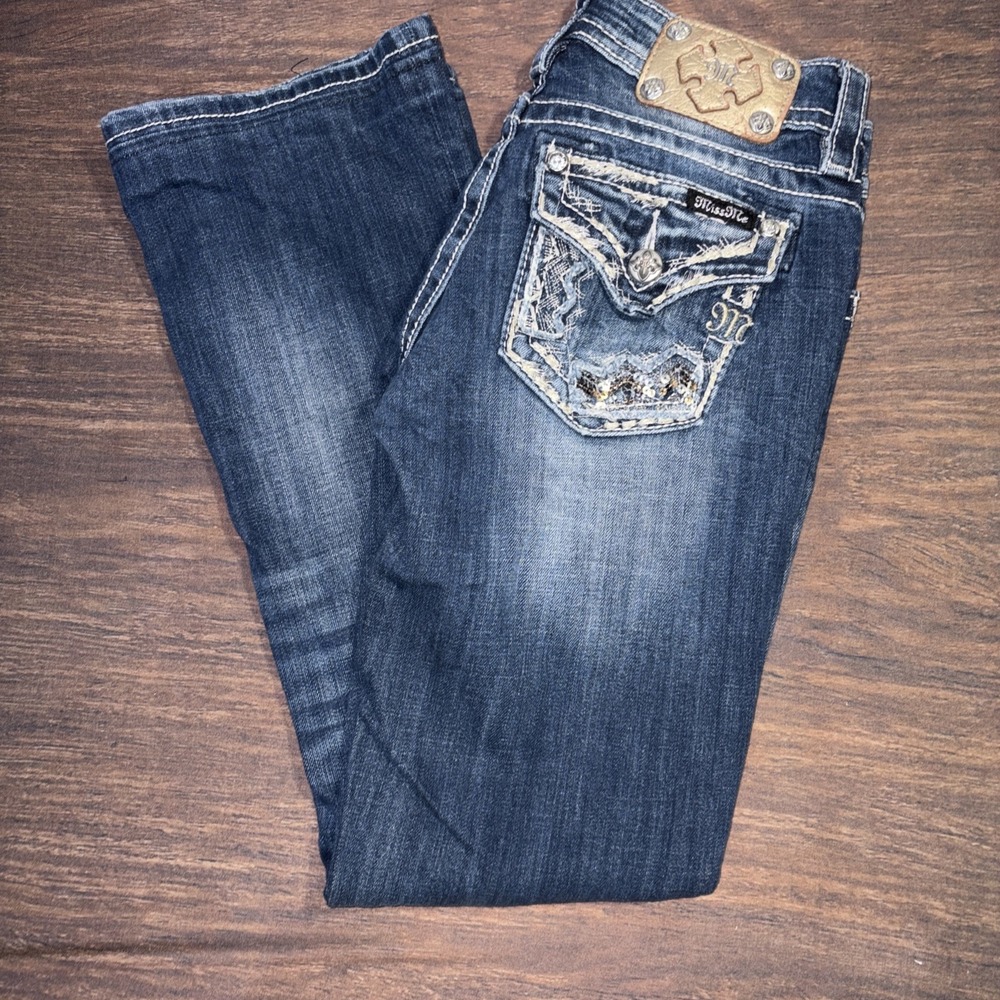 Miss Me Relaxed Boot Denim Blue Jeans 26x29 Hemmed Flap Pocket Bling Sequins